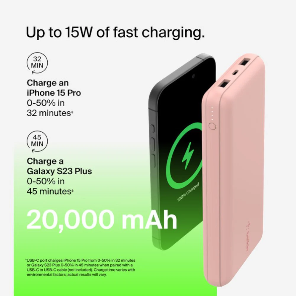 Batería Portátil Belkin Power Bank 20K / Usb-Ax2 / 15W / Rosa - Image 4