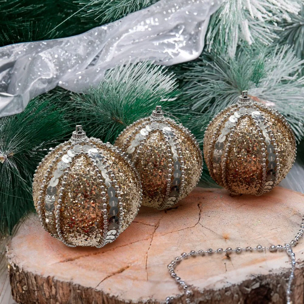 Bolas Navideñas Decoradas Maranelo Christmas de 8Cm / 3 Piezas / Dorado