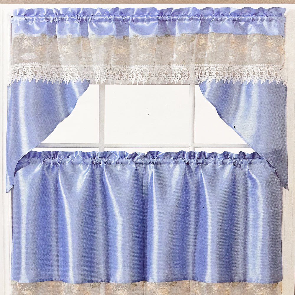 Cortina de Cocina RT Designer / Leaf Bordada Blue / 3 Piezas