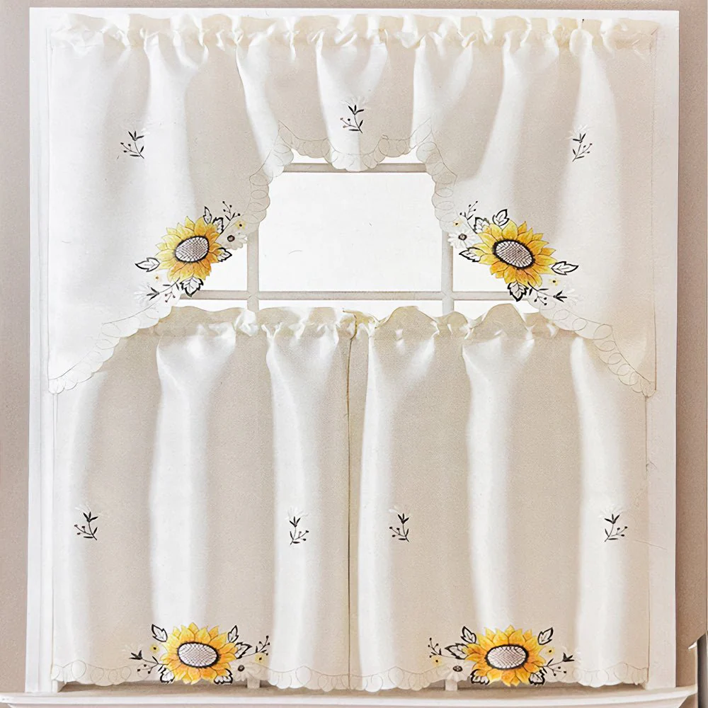 Cortina de Cocina RT Designer / Poppy Bordada / Sunflower 3 Piezas