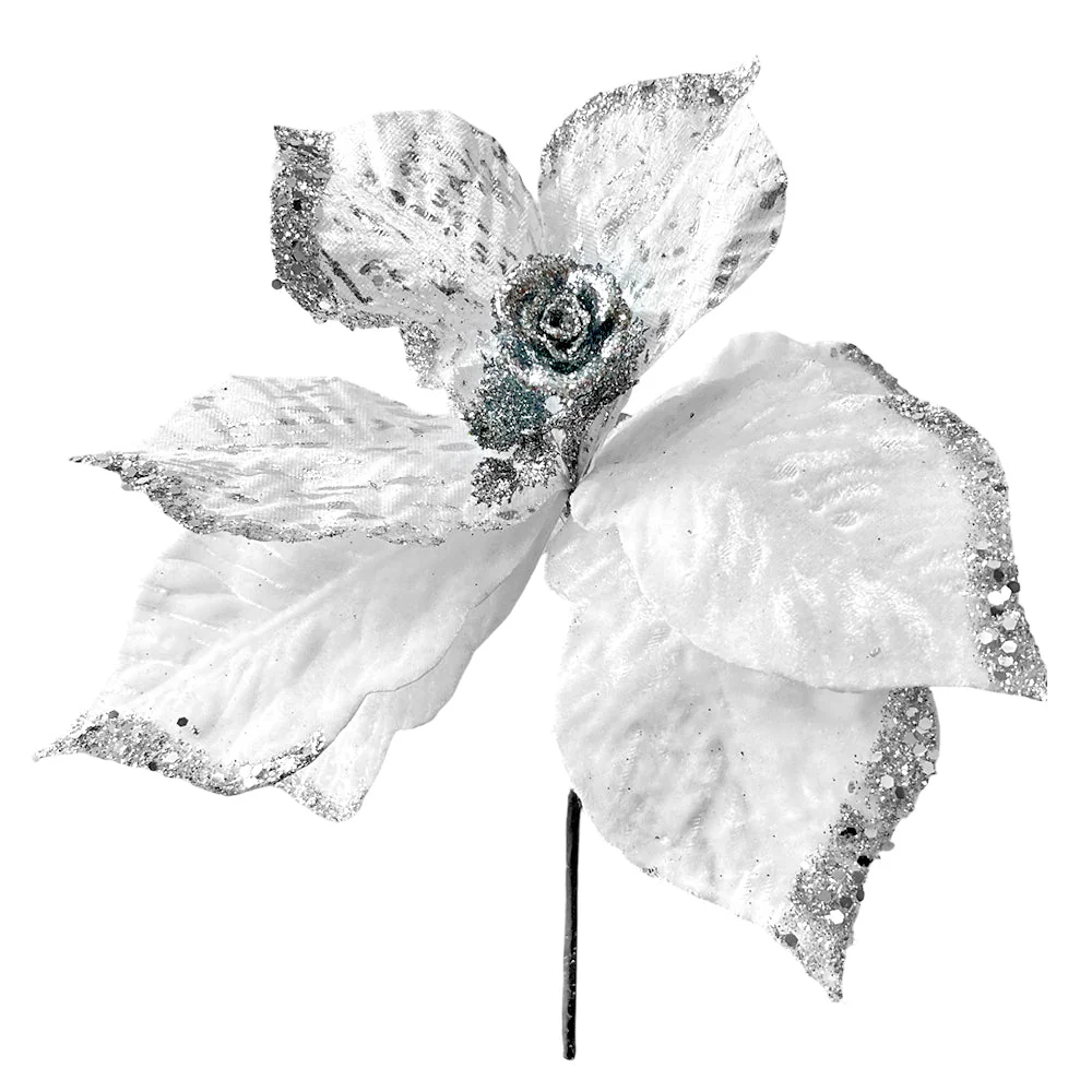 Flor Navideña Poinsettia 30 cm / Blanca y Plateada / Montefiori Christmas