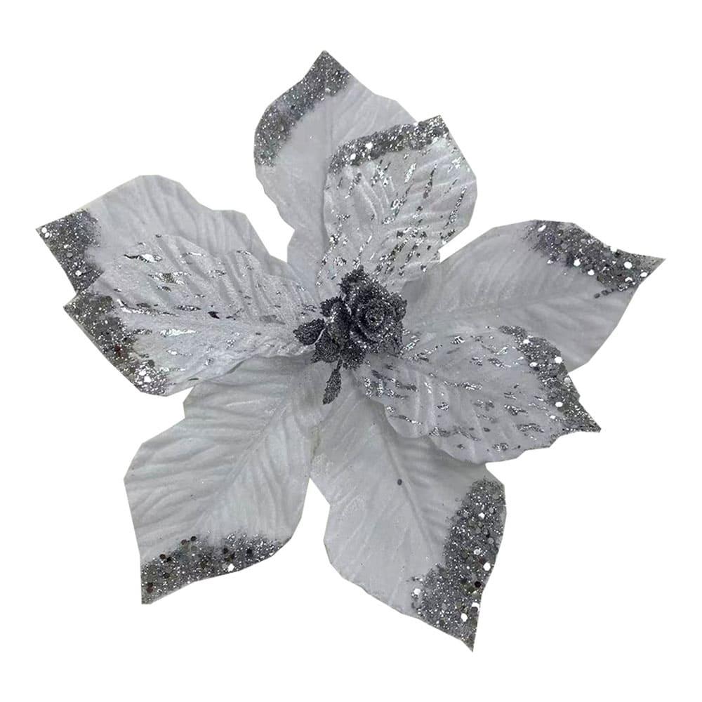 Flor Navideña Poinsettia 30 cm / Blanca y Plateada / Montefiori Christmas - Image 2