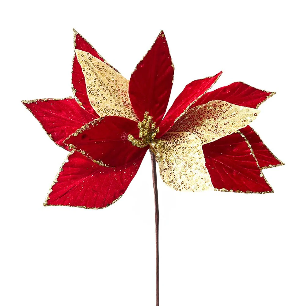Flor Navideña Poinsettia / 30 cm / Rojo y Dorado / Montefiori Christmas - Image 3