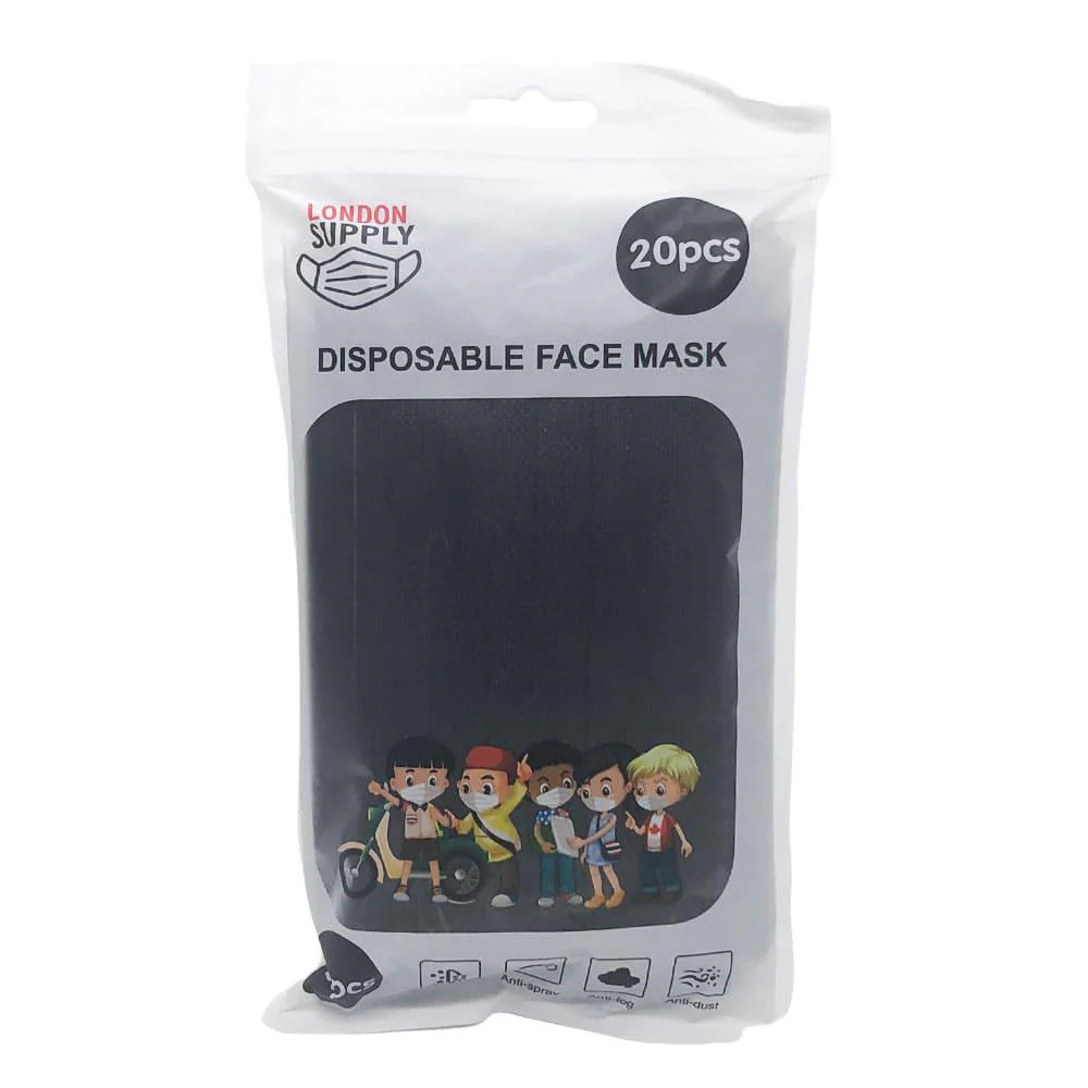 Mascarilla Desechable London 3 Pliegues Negro Infantil 20 Piezas