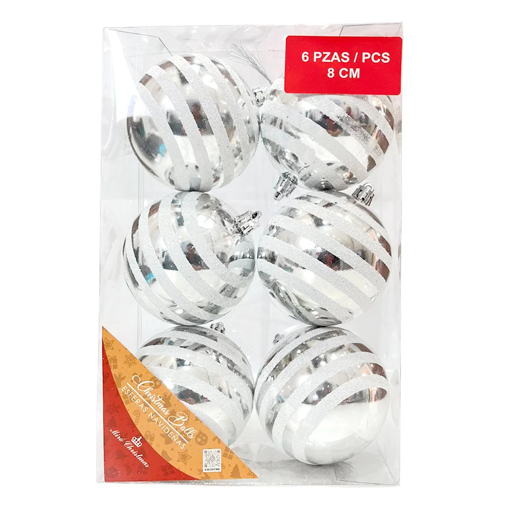 Set de 6 Bolas Navideñas Decoradas 8 cm / Plateado y Blanco / Miró Christmas