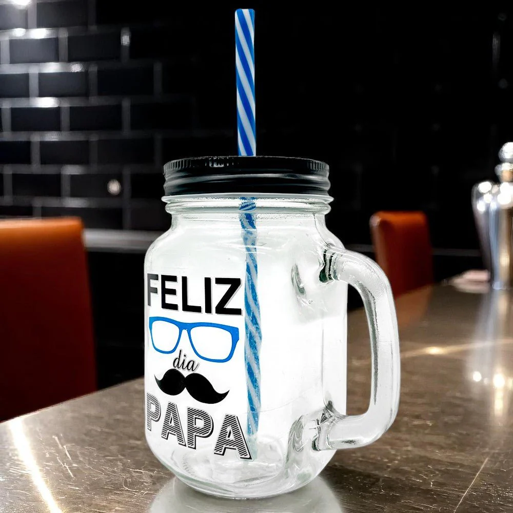 Vaso de vidrio Beneli Home Con Tapa Y Carrizo / Feliz Día Papá